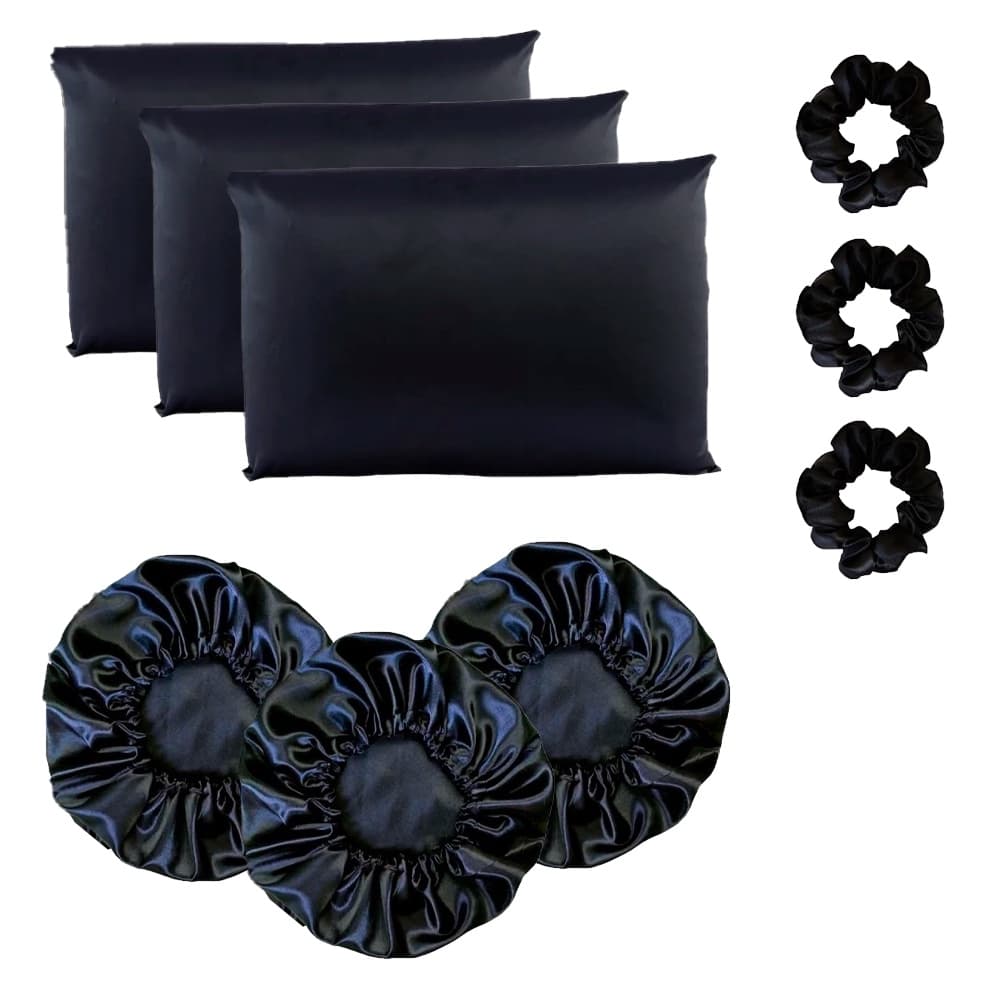 Kit completo cetim anti frizz 3 fronhas + 3 touca + 3 scrunchie