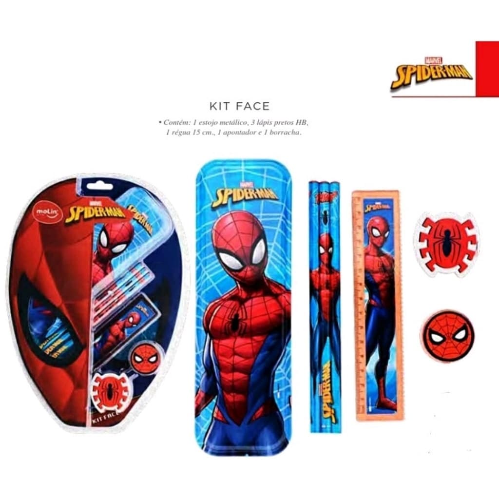 Kit Material Escolar Homem Aranha Marvel Spider Man ULTIMATE 7 Peças Molin Estojo Lápis Borracha Apontador Régua Papelaria
