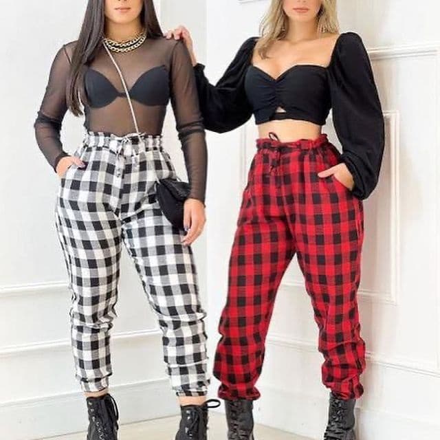 Calça Feminina Xadrez Flanela Jogger com Bolso Moda Blogueira