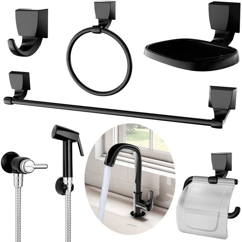 Kit Banheiro Quadra Preto 5pcs + Torneira Lavabo + Ducha Higiênica