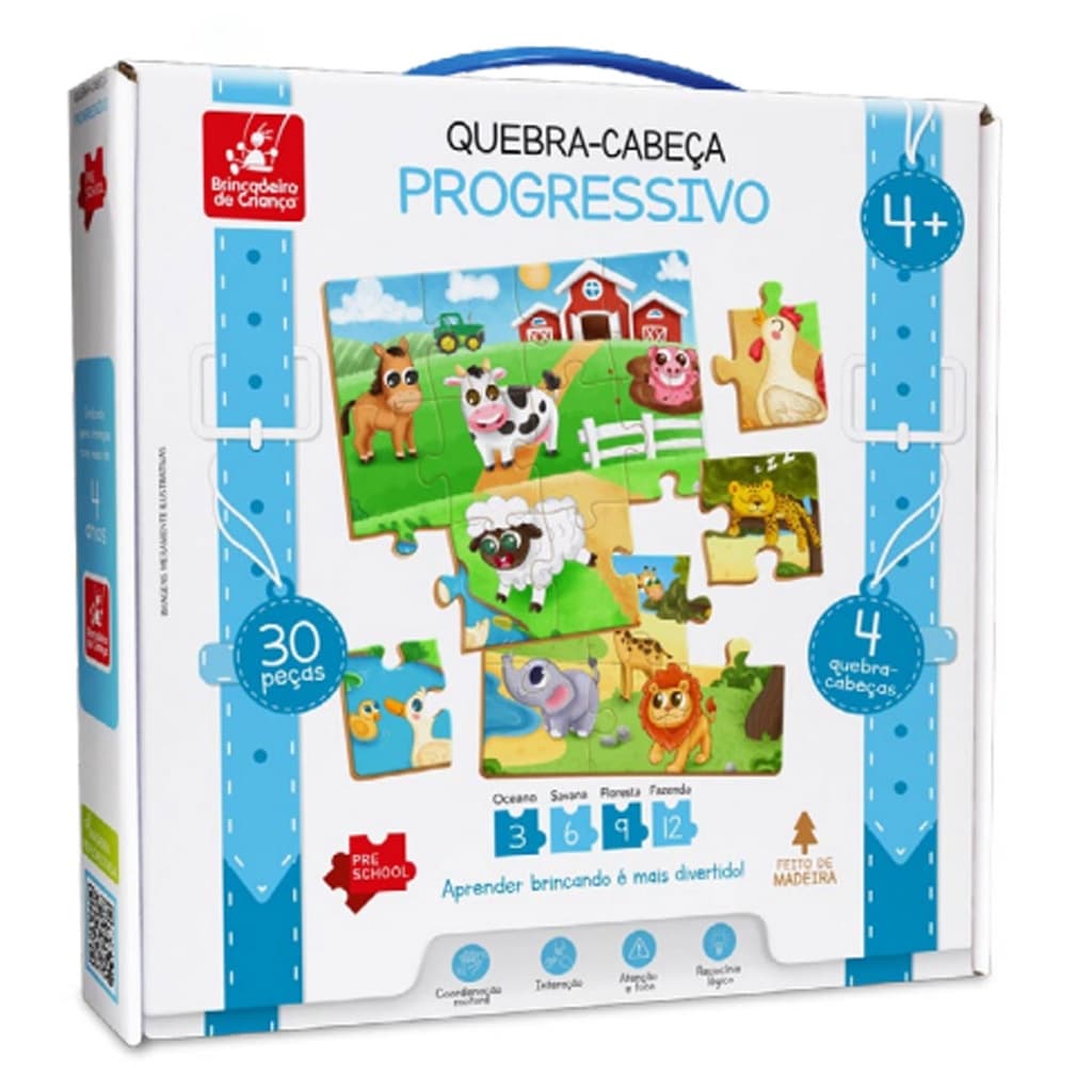 Quebra Cabeça Educativo Progressivo com 4, 6, 9 e 12 peças - Brincadeira de Criança