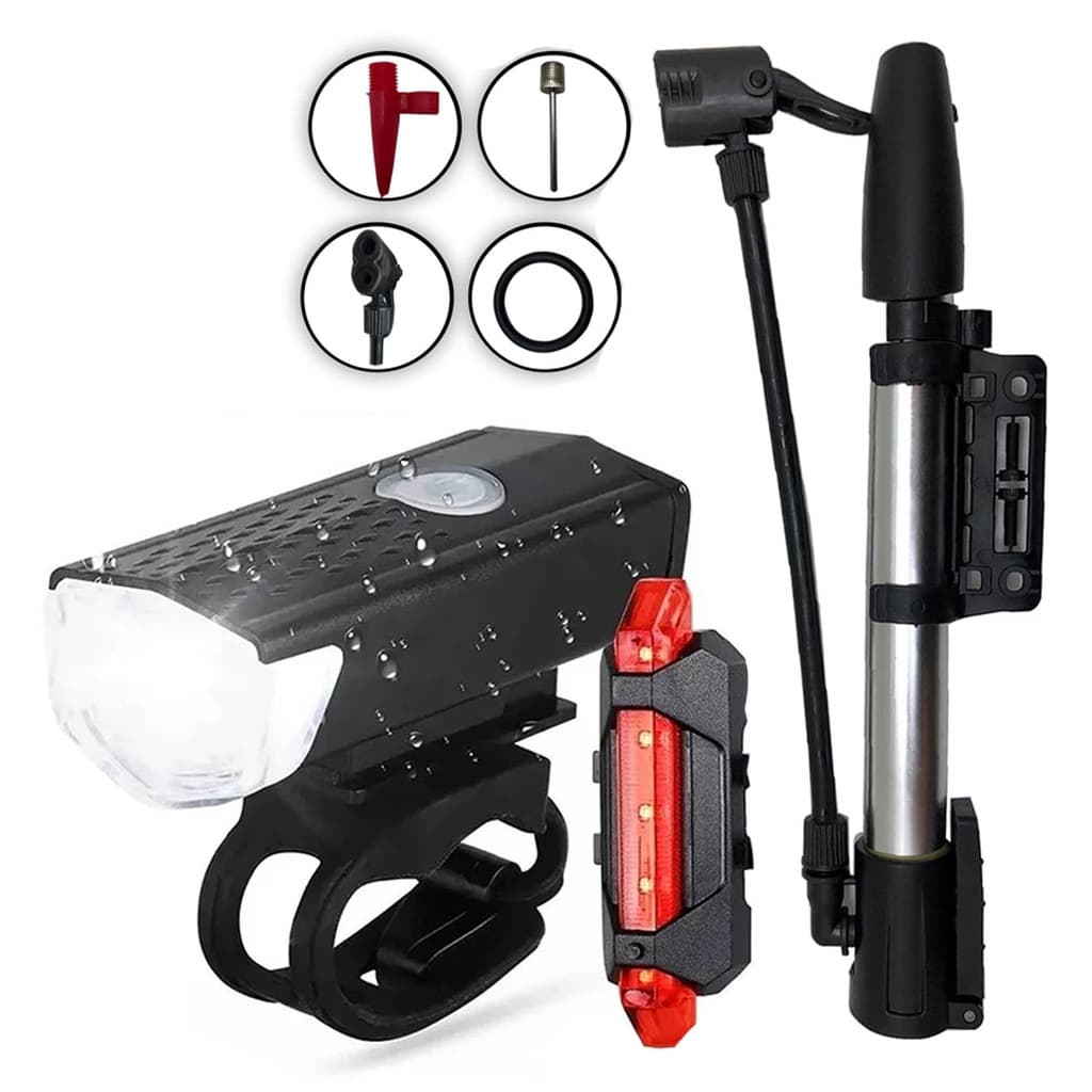 Farol Bike Luz Led Usb 300 Lumens Sinalizador Traseira + Bomba De Ar Original Presta Bico Fino e Grosso Com Bico