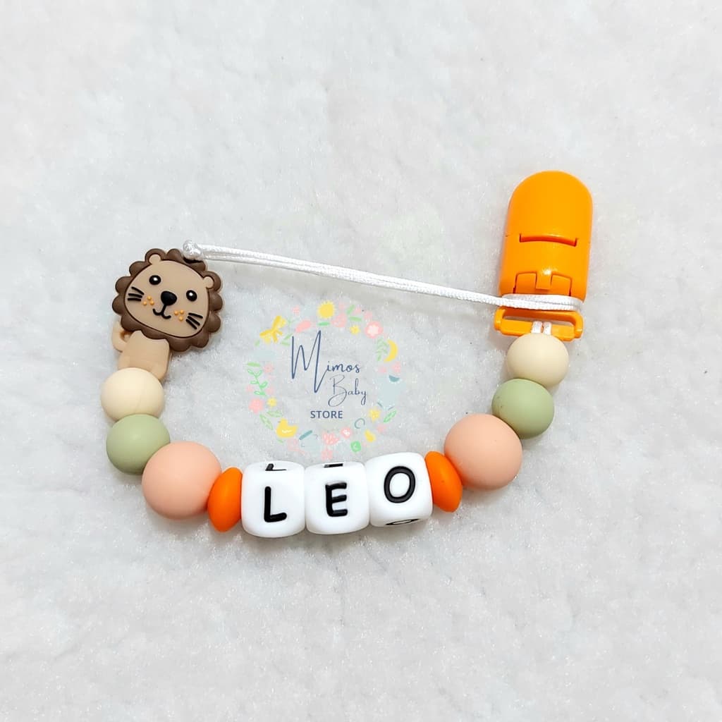 Prendedor de Chupeta e Mordedor Personalizado com Nome do Bebê de Silicone Leão