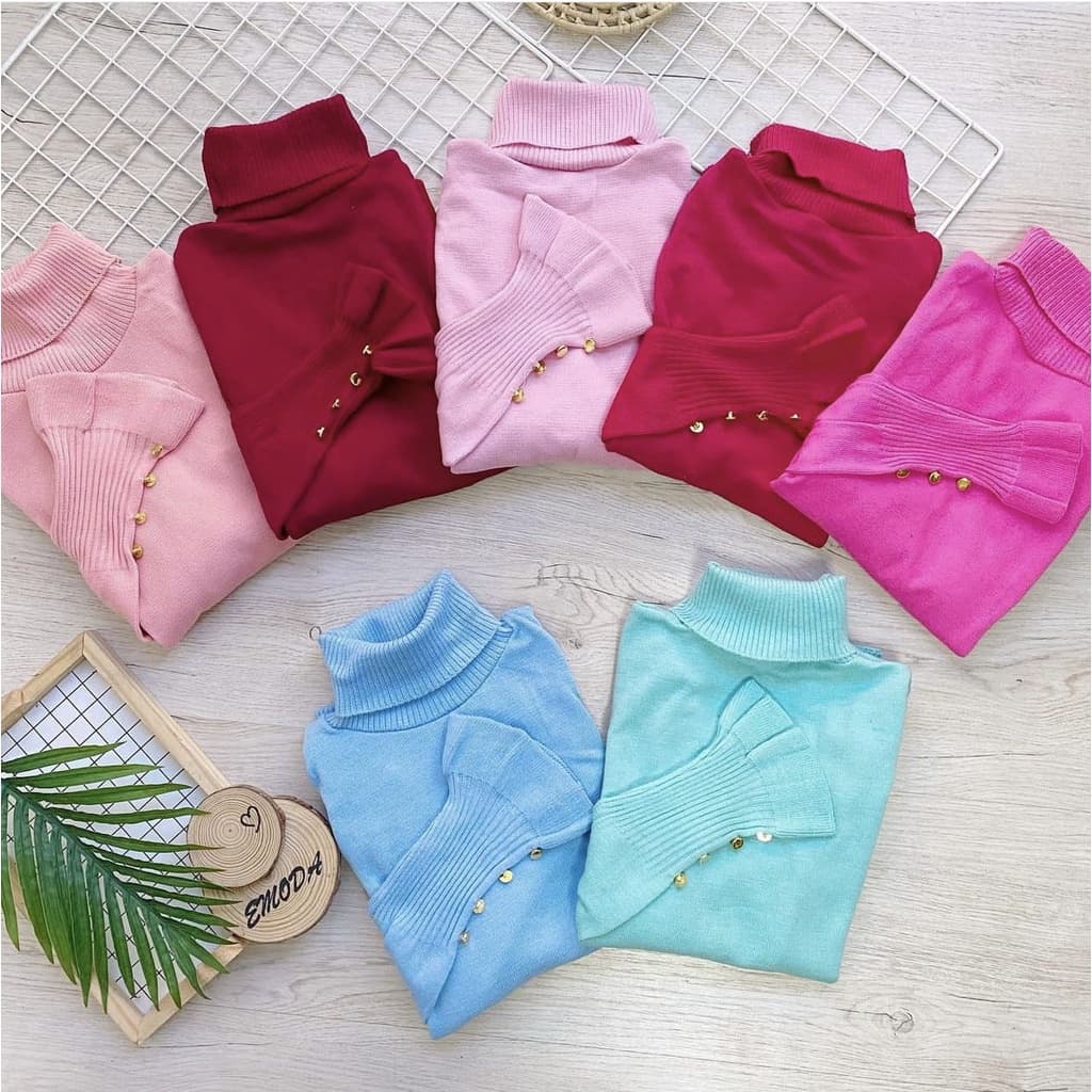 Blusa trico tricot chacharrel gola alta mamnga com botão