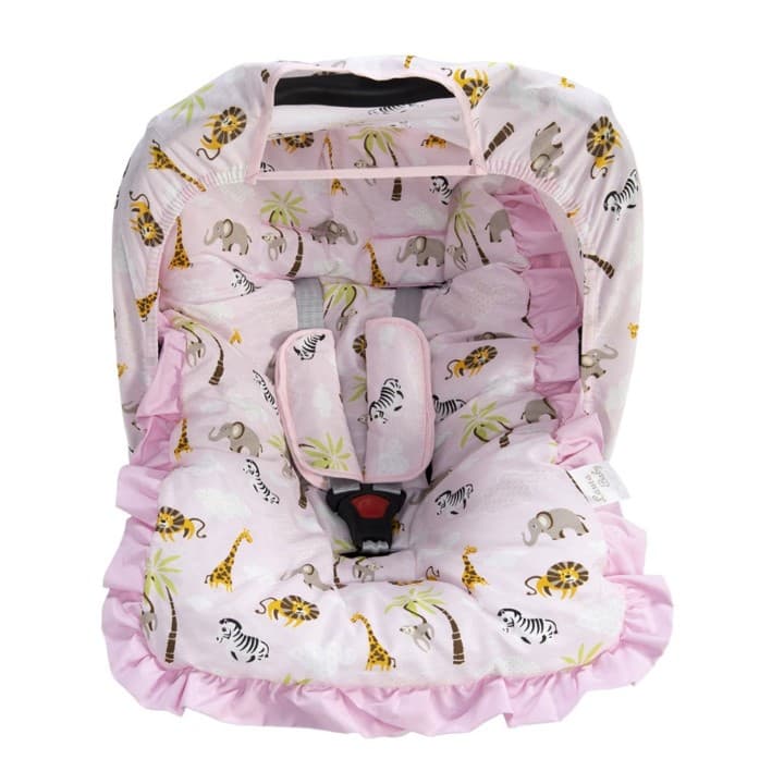 Kit para Bebê Conforto, Rosa, Menina, Animais, 4 Peças, Capota, Protetor de Cinto e Capa