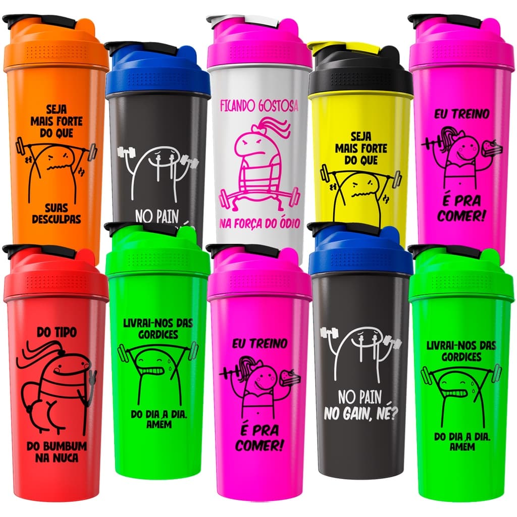 Kit 10 Coqueteleiras Memes Divertidos - Garrafa Shaker 600ml Academia