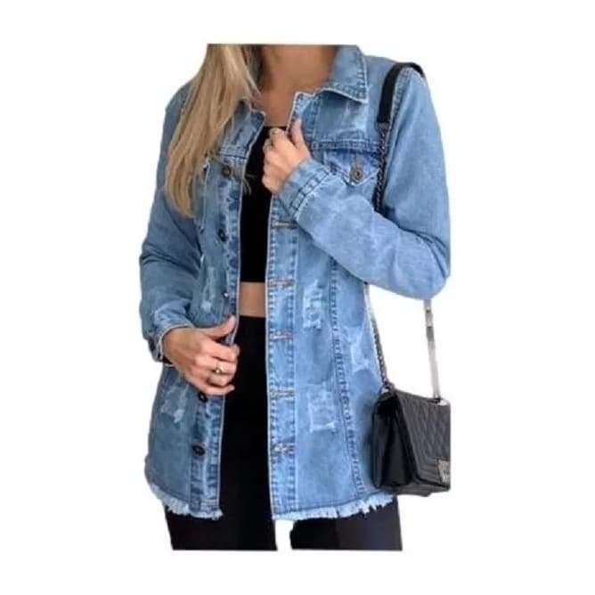 Maxi Jaqueta Jeans Feminina Detalhe Rasgadinho Com Botões W2