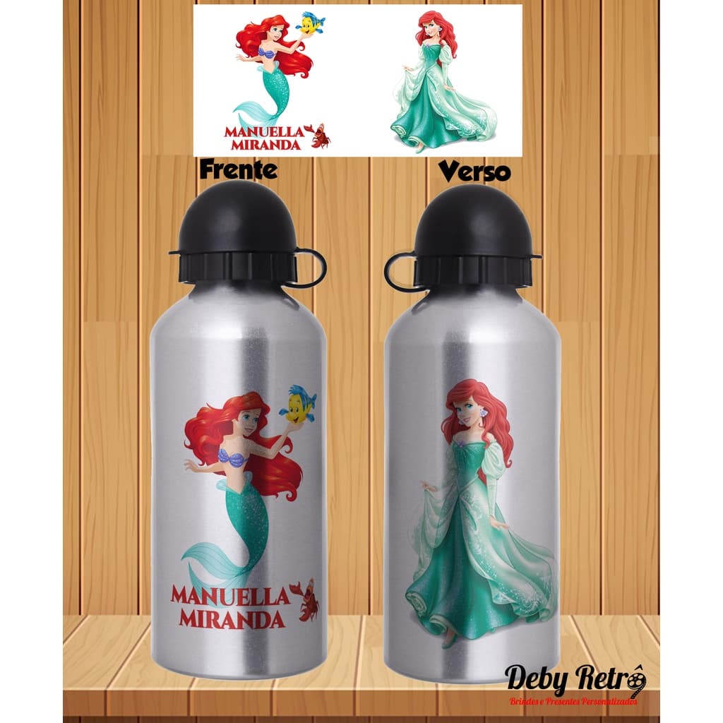Garrafa Ariel personalizada com nome, Garrafa squeeze alumínio com nome 500ml, Garrafa pequena sereia, garrafa escolar, garrafinha infantil, garrafa de água pequena sereia, garrafa de água ariel
