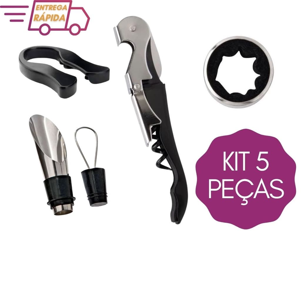 Kit 5 Peças para Vinho Lacre Abridor Saca Rolhas Anel e Bico Dosador com Tampa em Inox