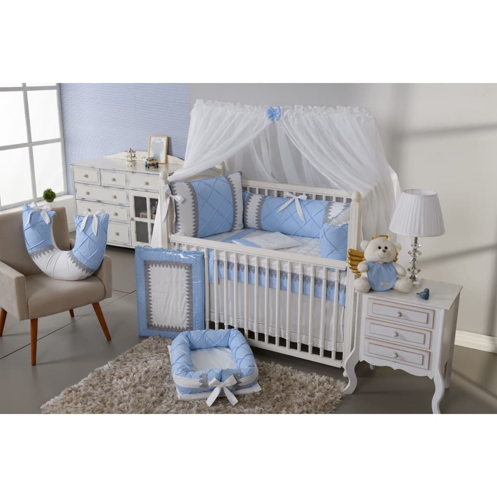 Kit Berço Americano Menino Realeza Luxo Azul Bebe com Branco 9 Peças Algodão