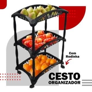 Organizador Vertical Triplo Fruteira Preto 3 Andares Cestos Com Rodinhas