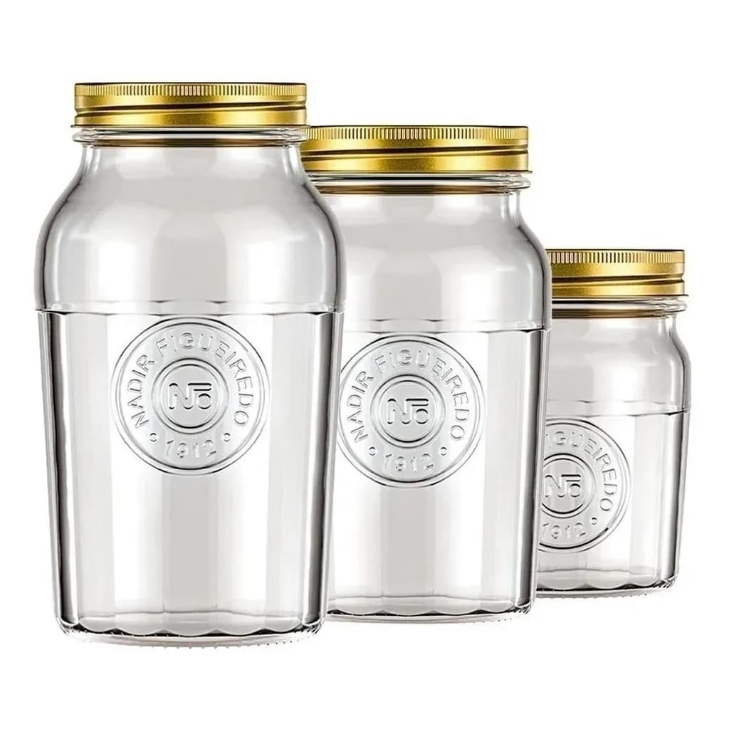 Jogo 3 Potes (1,5 litros, 1 litro e 500ml) Vidro Vintage c/ tampa rosca dourada.
