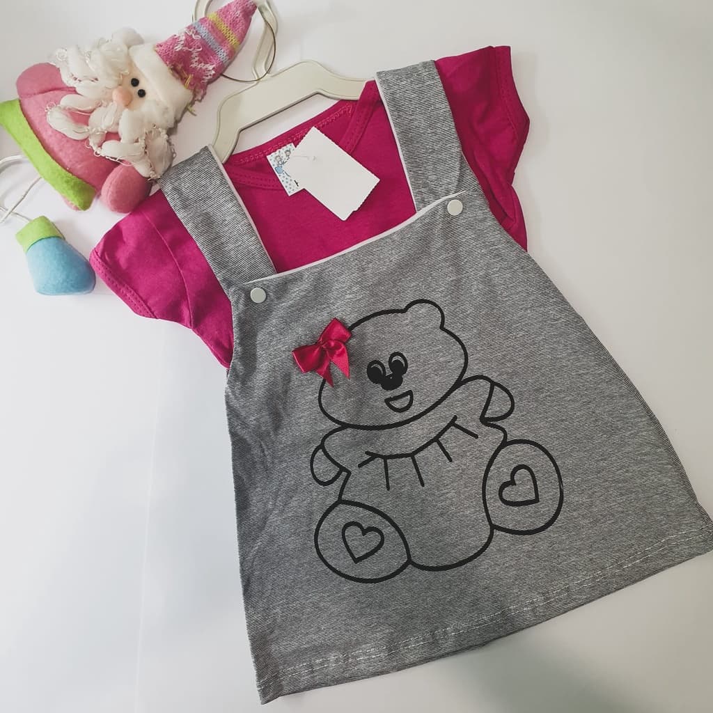 Jardineira Bebe com Blusa de Malha Manga Curta Vestido Bebê Menina Infantil Roupa de Bebe Menina