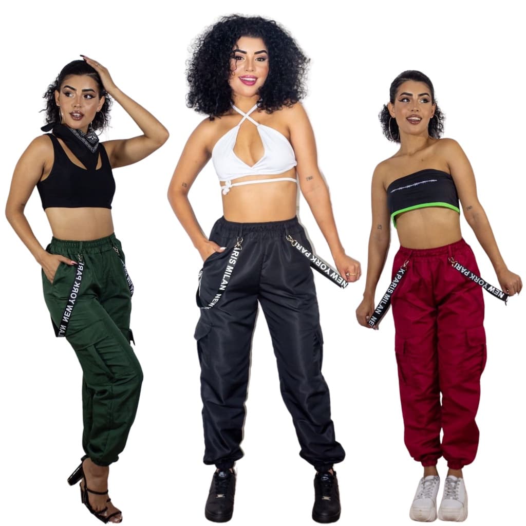 Kit 3 Calça Feminina Jogger Tactel Suspensório Cargo 4 Bolsos 3 Cores Calça Gringa Stret Blogueira Hip Hop Cargo
