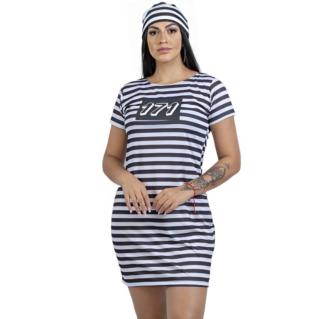 Fantasia Presidiária Listrada 157 e 171 Vestido com Manga Curta