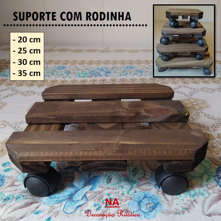 suporte com rodinha para vaso de flor botijão redondo em madeira quadrado 30 cm