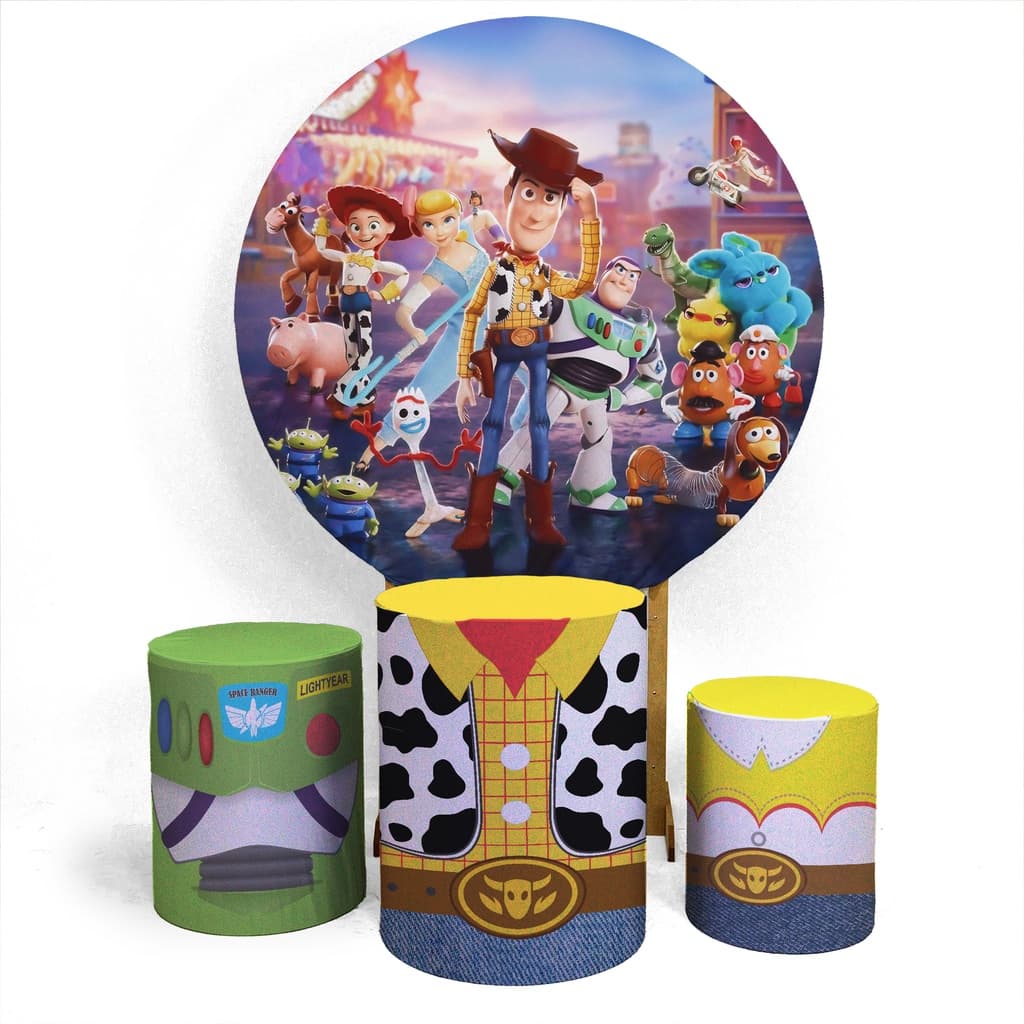 Kit Painel Decorativo + 3 Capas Cilindro Temas Toy Story Filme