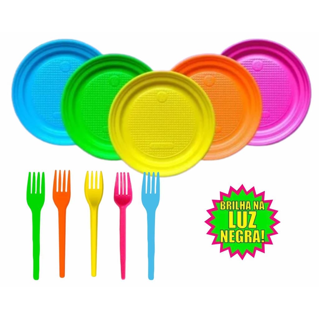 Kit 50 Pratinhos + 50 Garfinhos Neon Brilha na Luz Negra Festa Neon Balada Aniversário