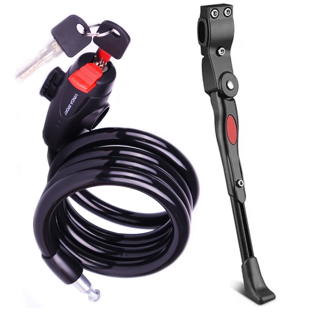 Trava Cabo De Aço Cadeado Segurança Bike Moto Espiral Anti-Roubo 1,20m + Pezinho Descanso Para Bike Lateral Com Regulagem 20 Até 29