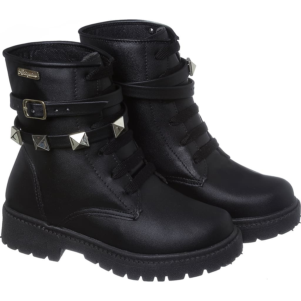 Coturno Bota Infantil Feminino Menina Preto Cinto Piramide Casual