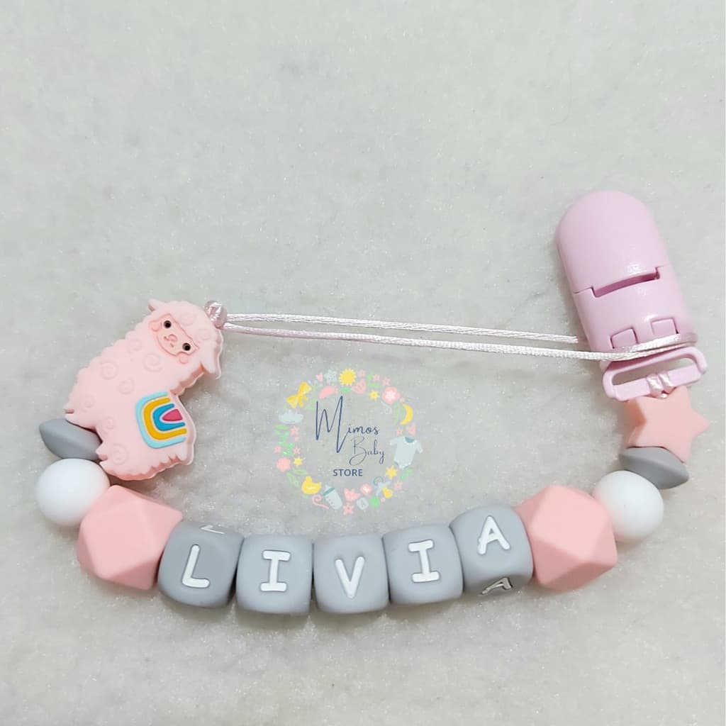 Prendedor de Chupeta e Mordedor Personalizado com Nome do Bebê de Silicone Lhama