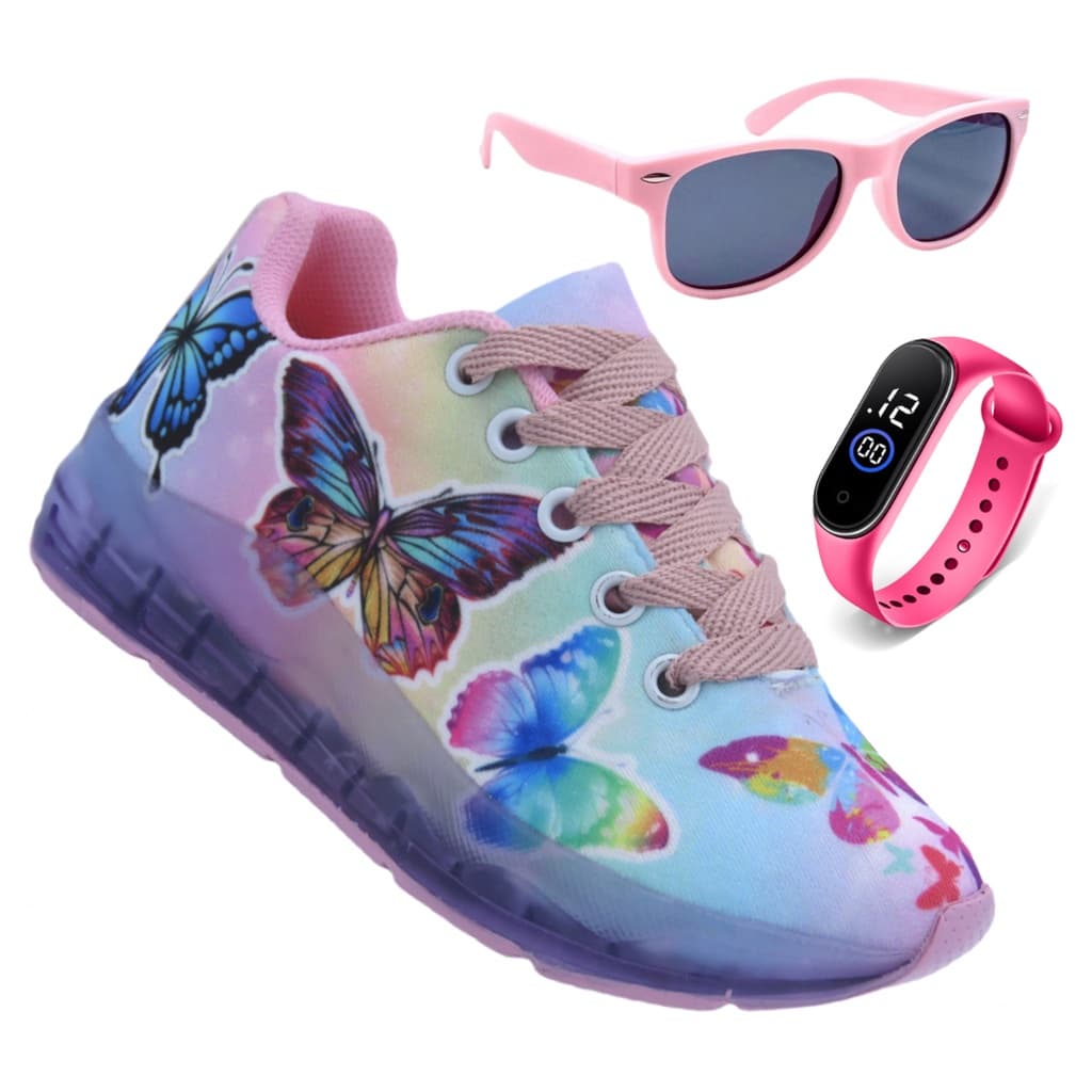 kit tenis infantil menina led borboltinha qualidade premium envio imediato + oculos +relogio