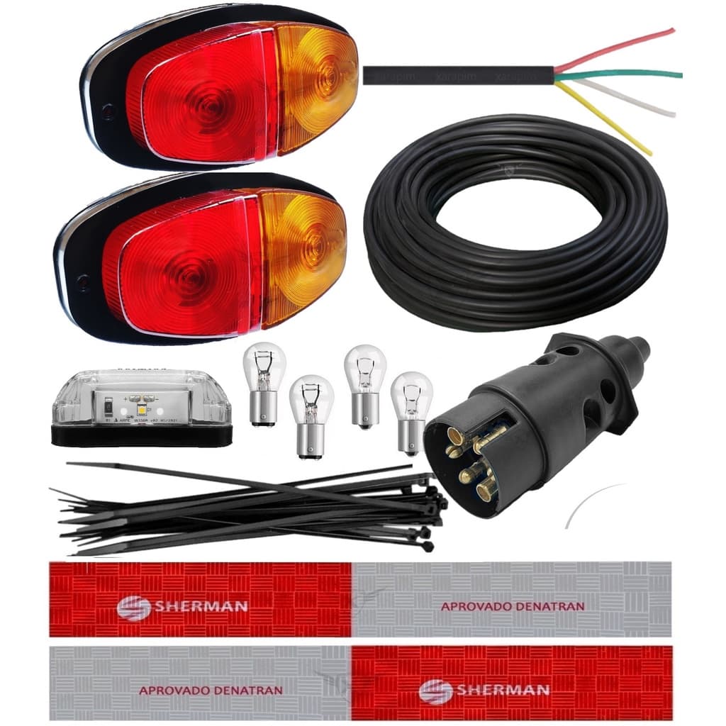 Kit Instalação Elétrica Para Carretinha Reboque Cabo 4 Metros Faixas Refletivas  Tomada Macho 6 Polo