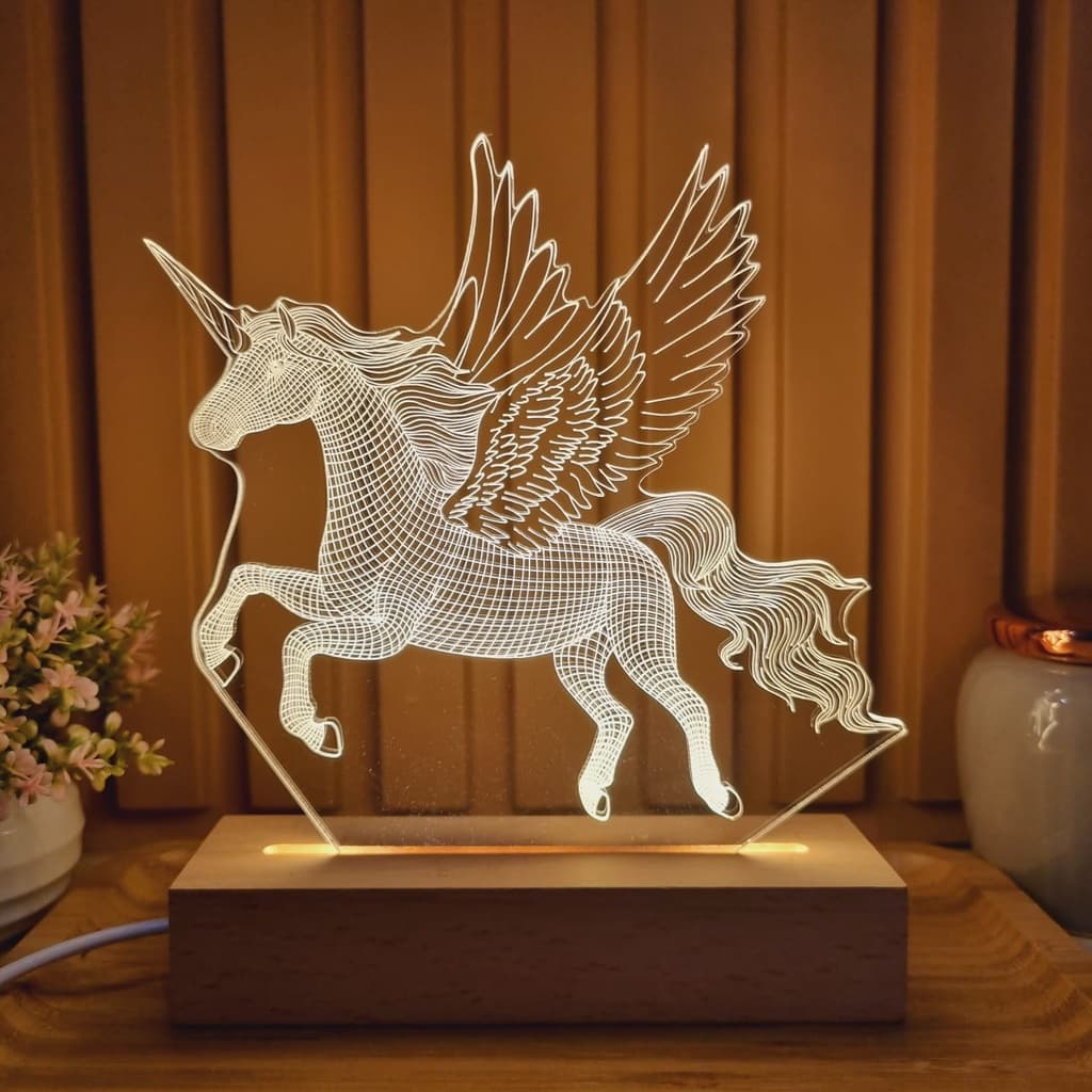 Luminária, Abajur de Mesa, Unicórnio, Cavalo, Mágico Base de Madeira, Presente Criativo