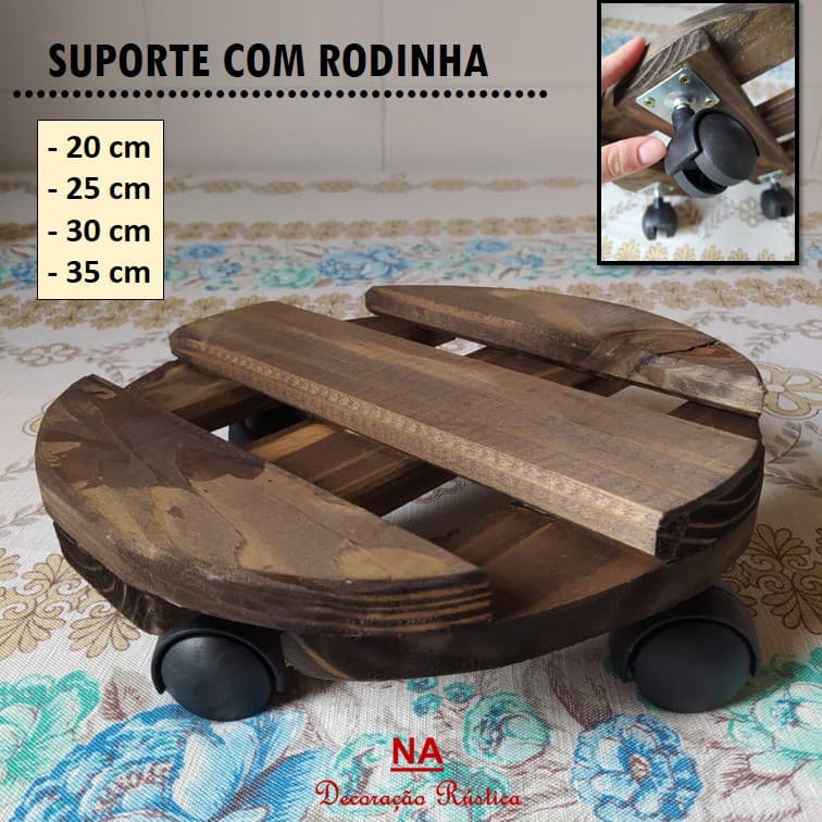 suporte com rodinha para vaso de flor botijão redondo em madeira redondo 30 cm