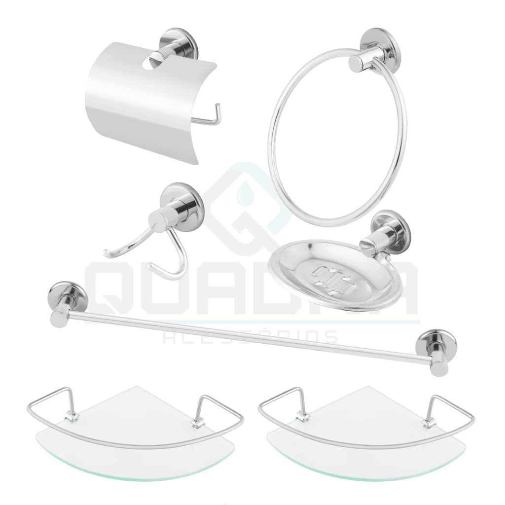 Kit  Acessório Para Banheiro Aço Inox Com Dois Porta Shampoo De Canto