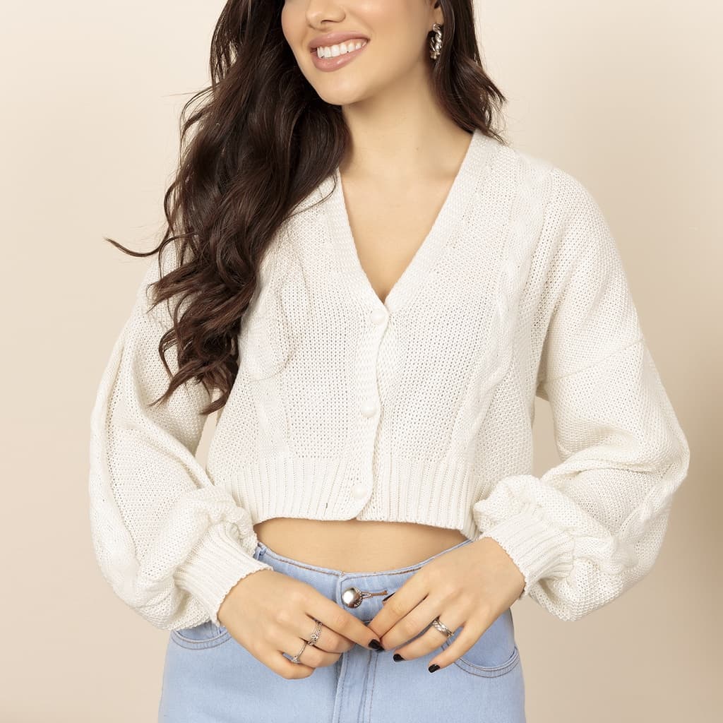 Casaquinho com botao blusa tricot manga longa