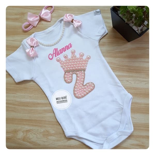 Body de Bebê Mesversario Infantil de Tema Temático Luxo Coroa Número Menina