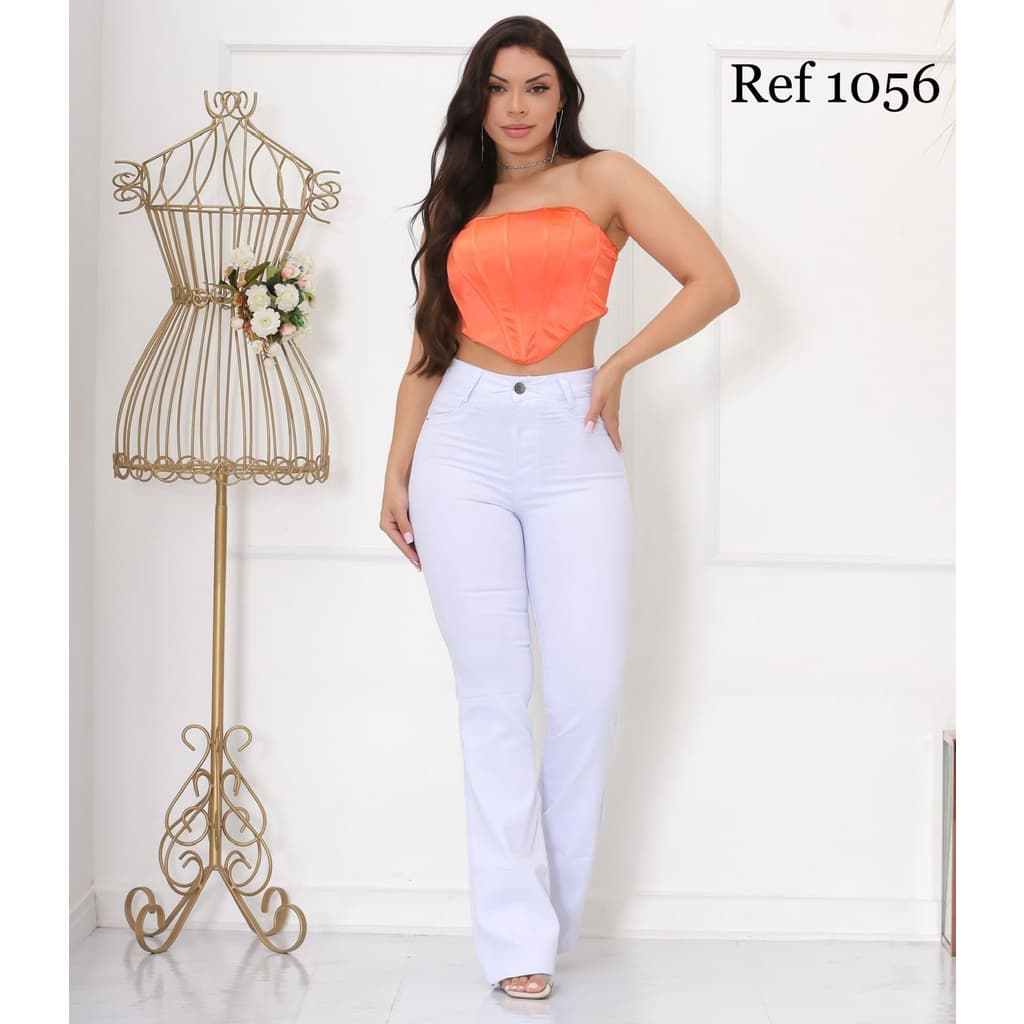 Calça Flare Jeans Cintura Alta Branca Justa Feminina Envio Imediato