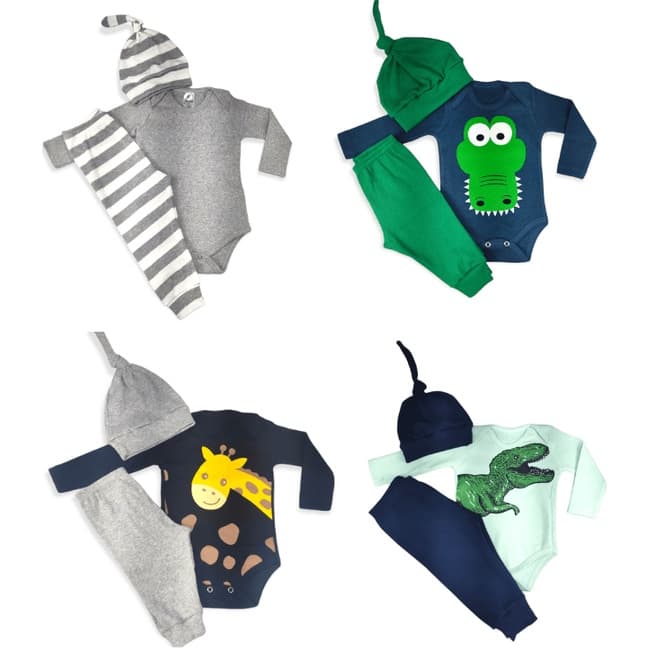 Conjunto Body Bebê, Calça e Touca, Kit Personalizado Bebe 12 Peças = 4 Body Bebe + 4 Calças + 4 Toucas