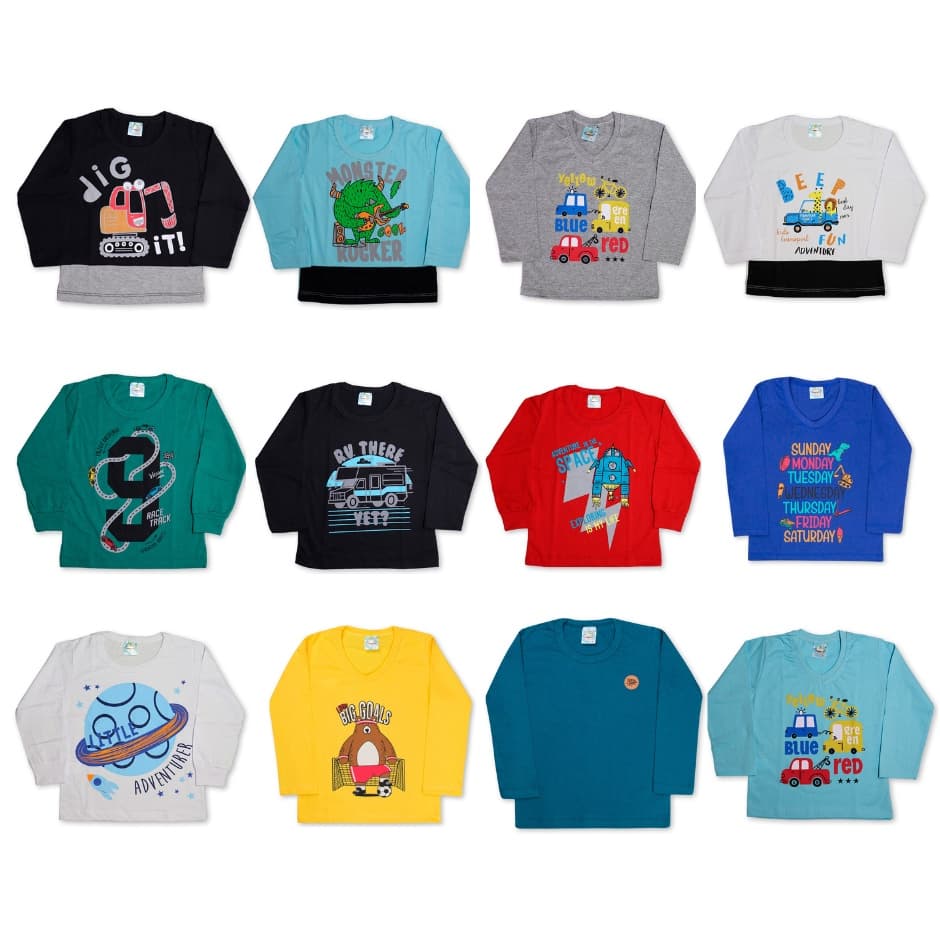 Kit Camiseta Manga Longa Infantil Masculino 1 ao 14 Sortidas - Promoção de Camiseta Infantil