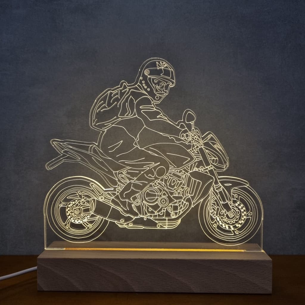 Luminária, Abajur de Mesa, Moto, Piloto, Base de Madeira, Presente Criativo