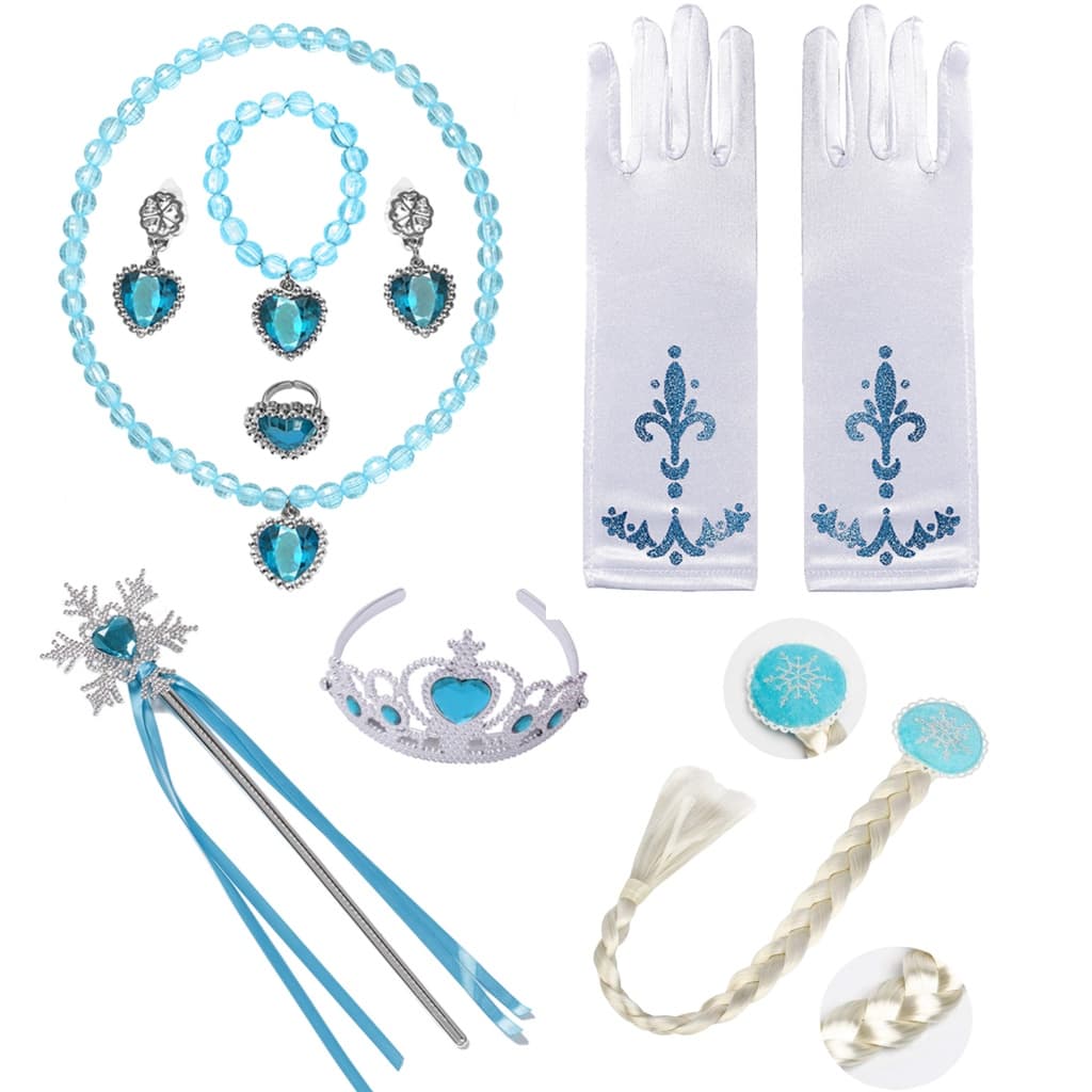 Kit Elza Elsa Frozen Gelo Princesa Completo 07 Peças Luvas Varinha Coroa Frozen Brinco Trança Anel Festa