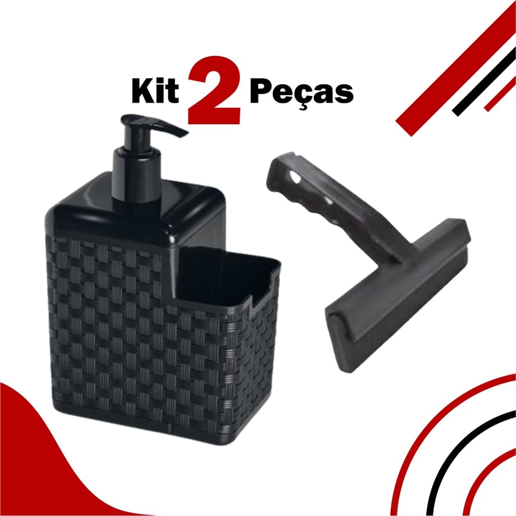 Porta Detergente Rattan Sabão Dispenser 2 em 1 Com Suporte Para Bucha Esponja e Rodo