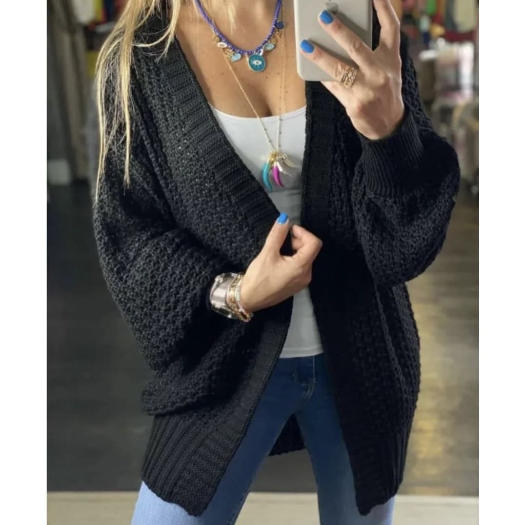 Cardigan tricot manga folgada aberto grosso