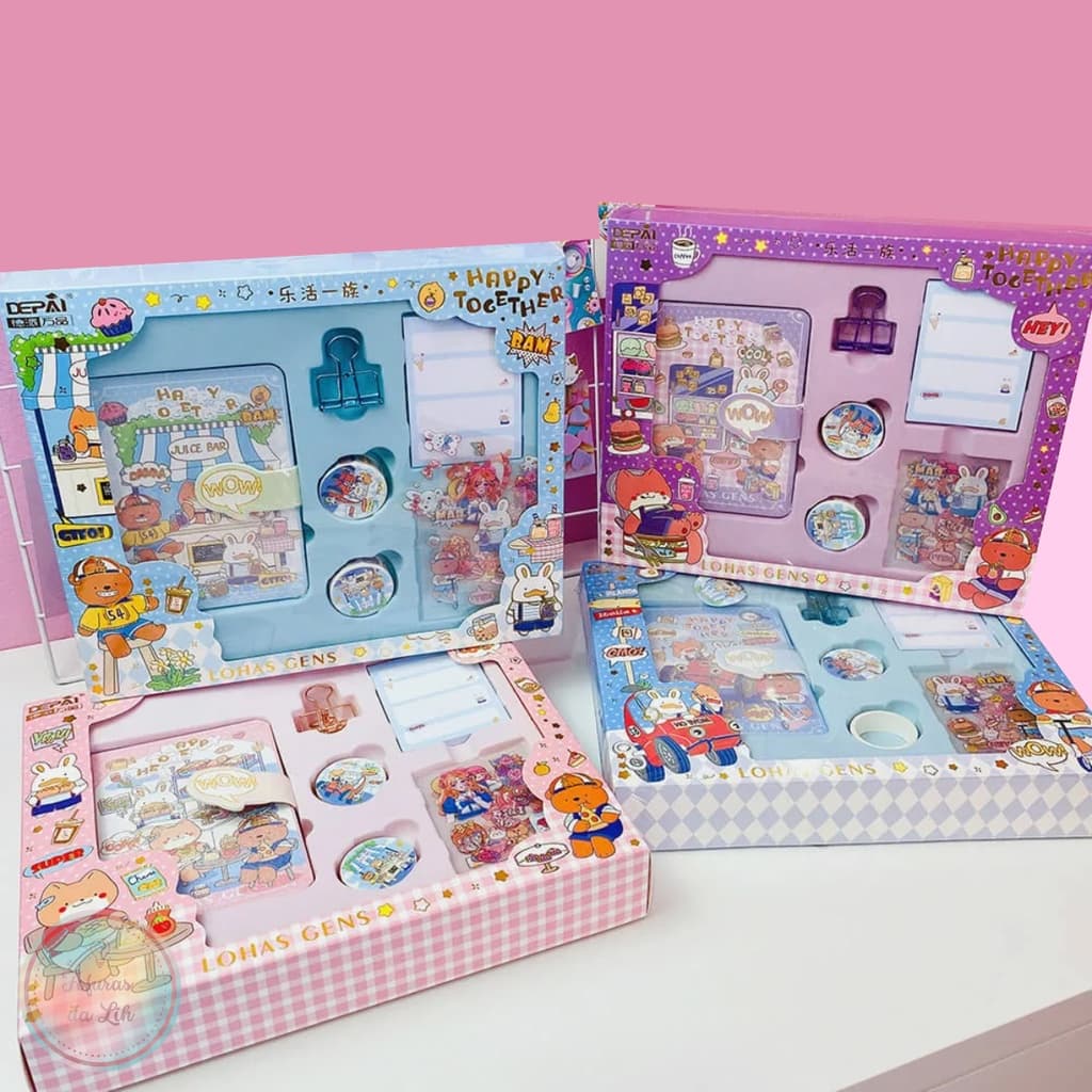 Kit caixinha com caderninho, bloquinho, washi tapes, binder clip e adesivos bichinhos fofos