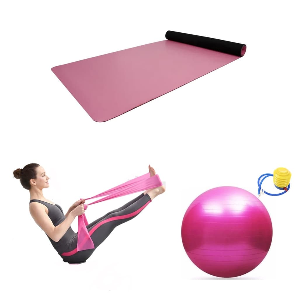 Kit Pilates/ Yoga Bola Pilates + Elástico + Tapete Rosa