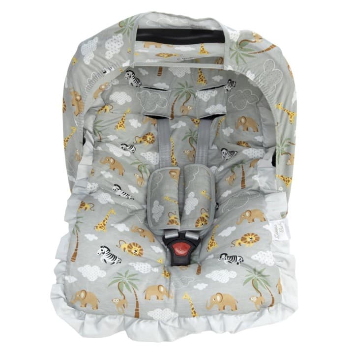 Kit para Bebê Conforto Completo, 4 Peças, Menino, Cinza, Animais, Capa, Protetor de Cinto, Capota