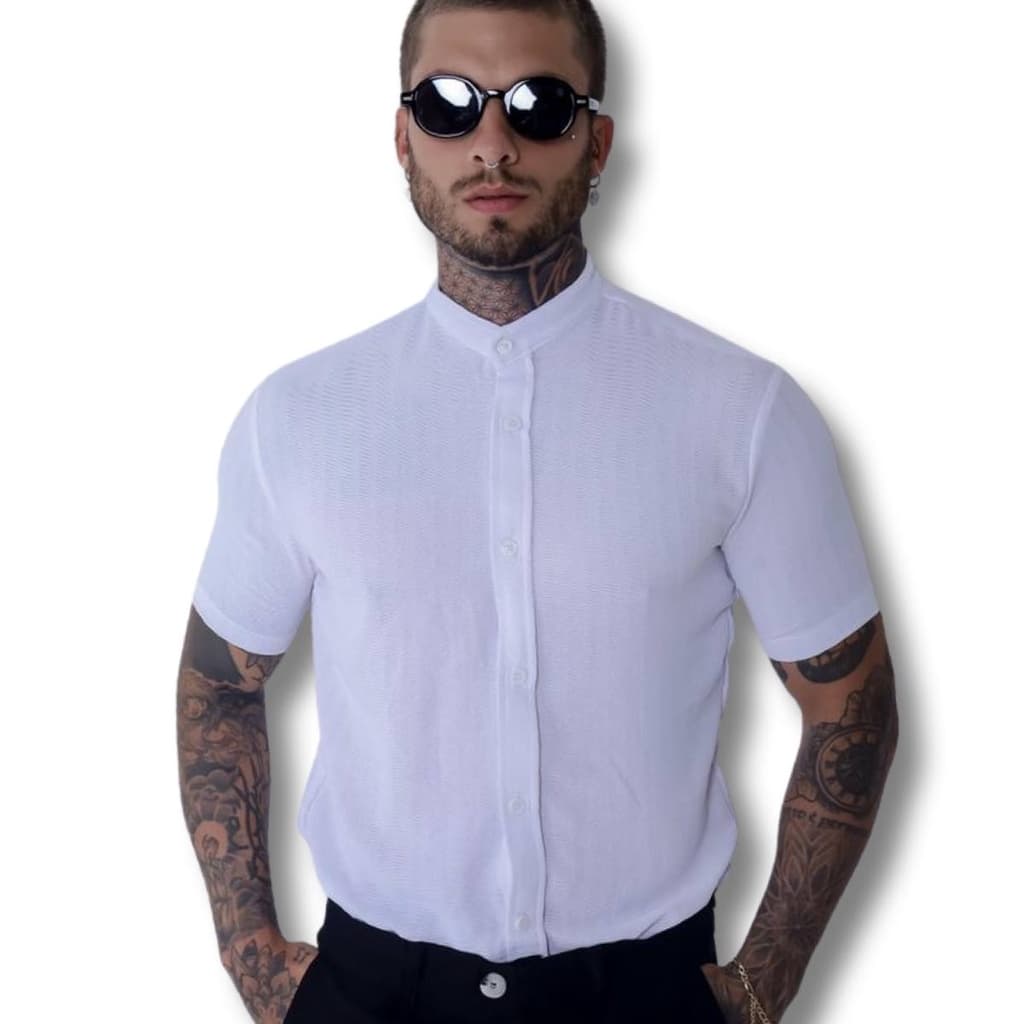 camisa social masculina gola padre manga curta exclusiva