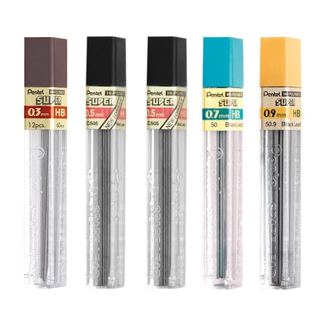 Minas de Grafite Hi Polymer Super da Pentel 0,3mm, 0,5mm, 0,7mm e 0,9mm - H e HB