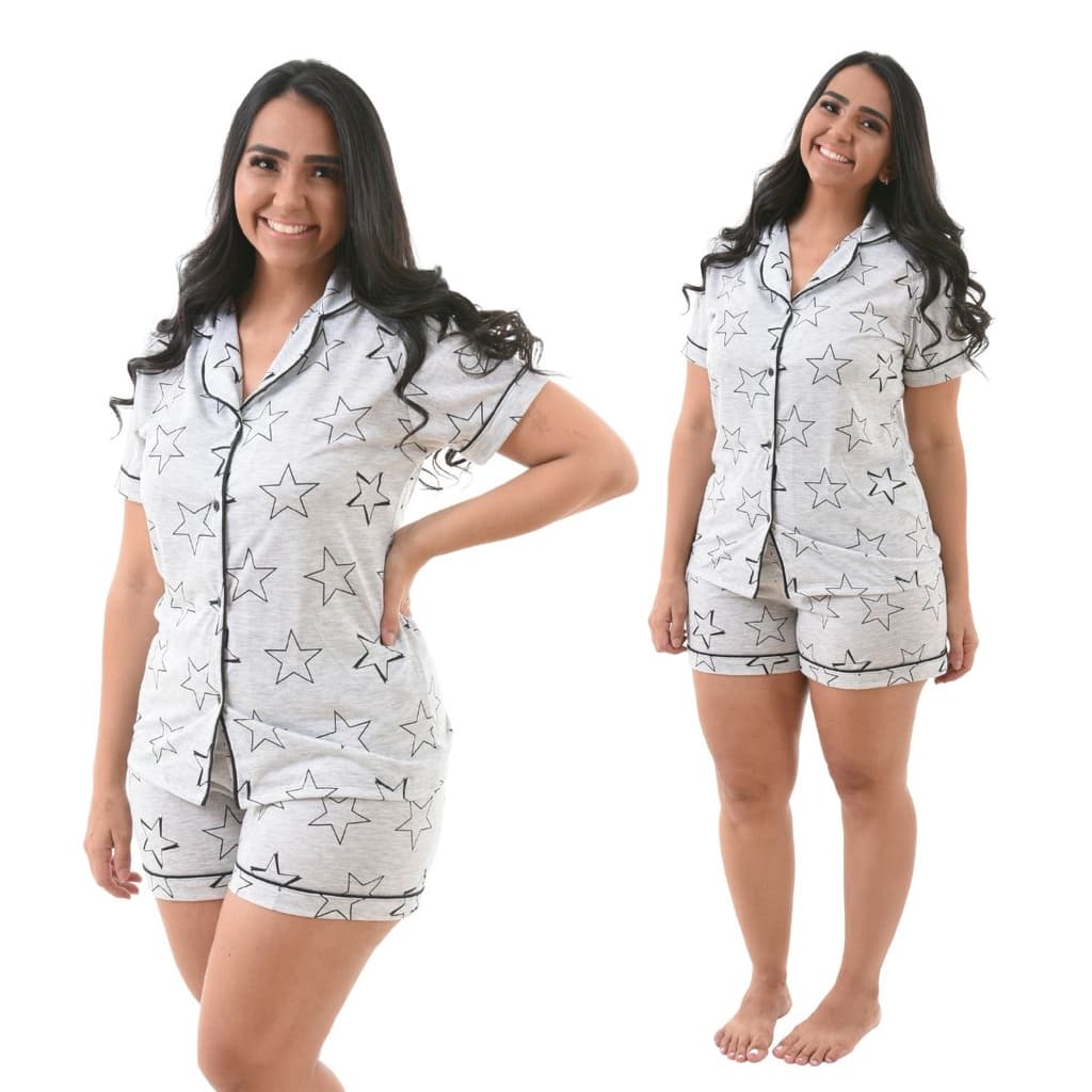 Pijama Americano Feminino Botões Detalhe Vies Short Doll Manga