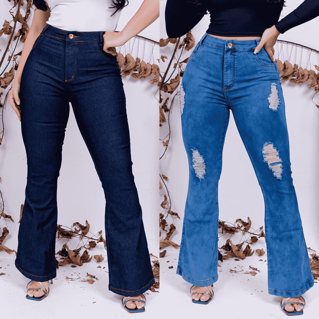 Calça Jeans Feminina Flare Rasgada Skinny Hot Pants Cintura Alta com Lycra Levanta Bumbum