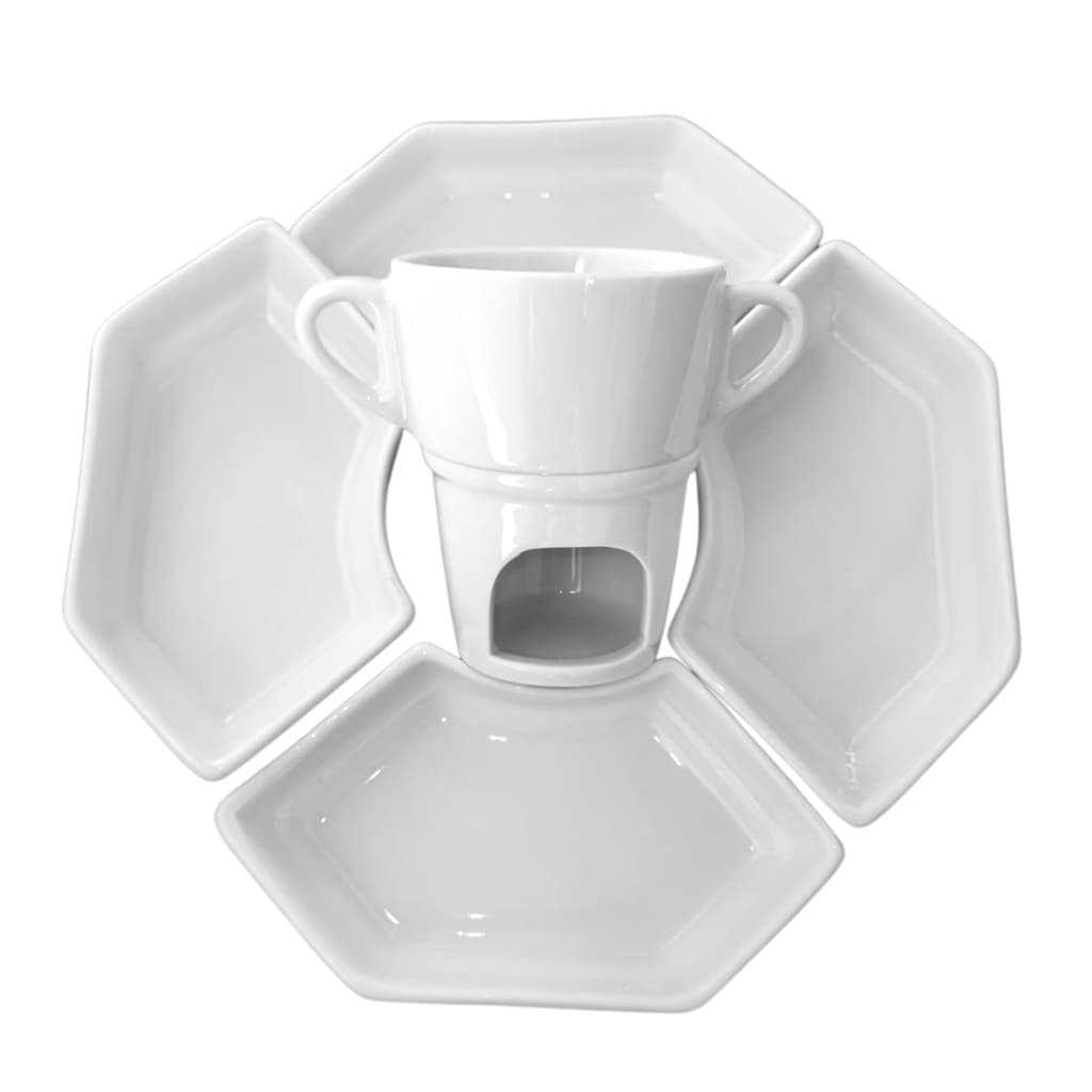 Kit Fondue Chocolate Porcelana Branca 9,5 X 11,5 CM 250 ML e 4 Travessa Para Frutas 11 x 19,5 CM 280 ML