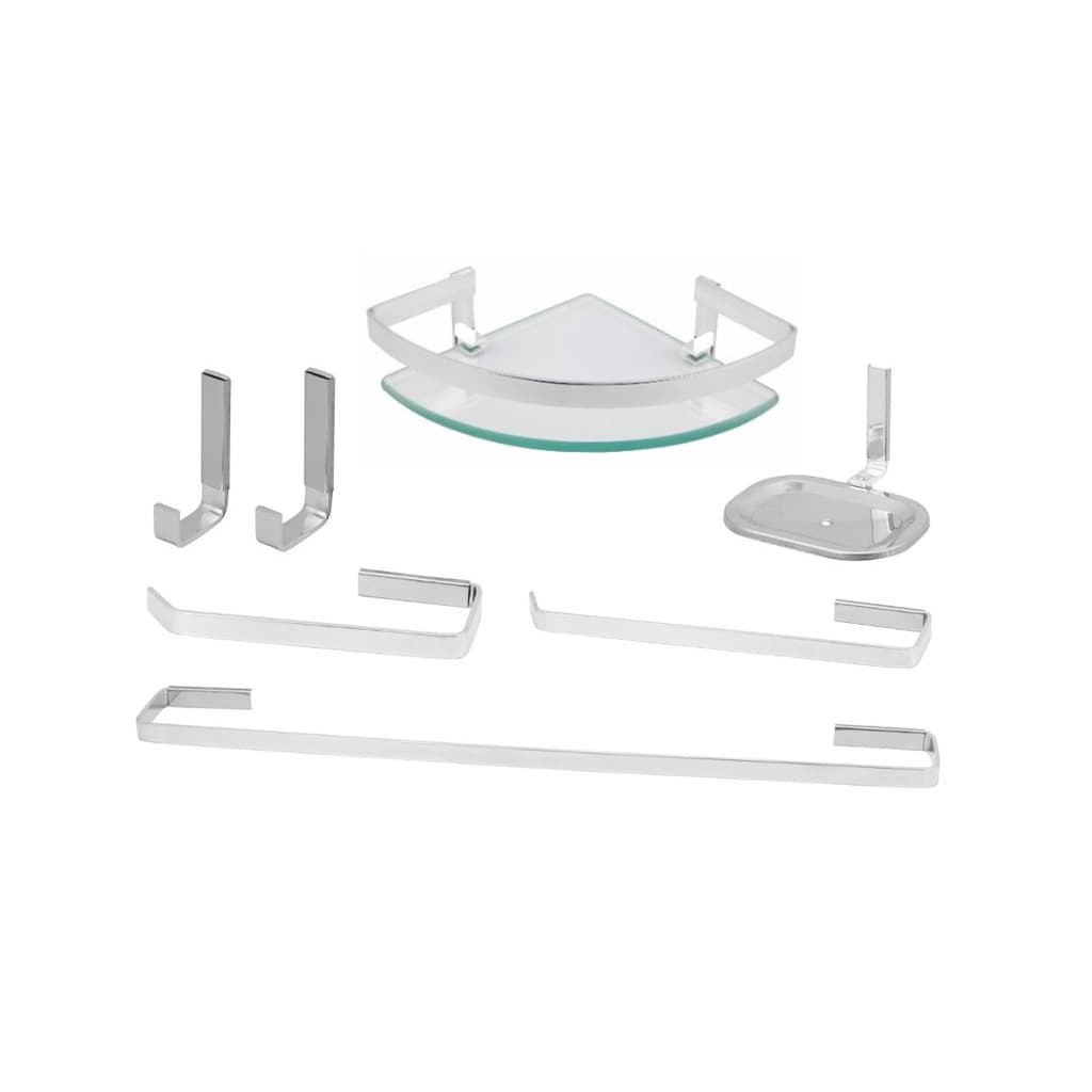 Kit Acessórios Para Banheiro 6 Peças Inox Alumínio Quadrado com Porta shampoo canto quadrado