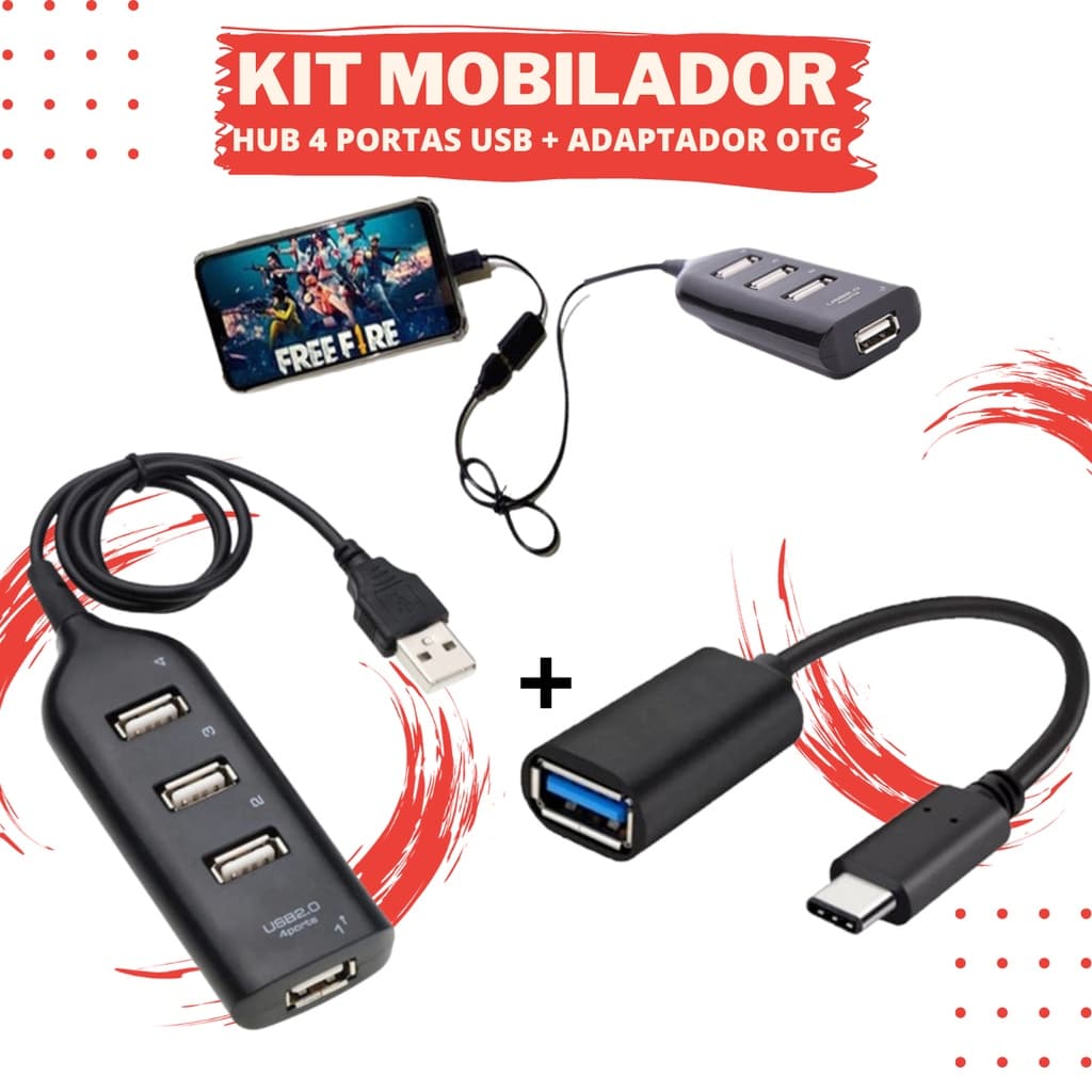 Kit Mobilador Hub Usb 4 Portas + Adaptador Usb Otg Tipo C Expansor Usb P/ Teclado Mouse