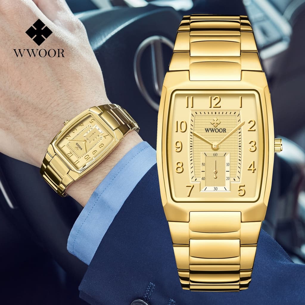 WWOOR Ouro Relojoeiros Quadrado Relógios Marca Top Luxo Quartzo Aço inoxidável Original À prova d'água Cronógrafo Relógio de pulso relógio ouro8837-2-50